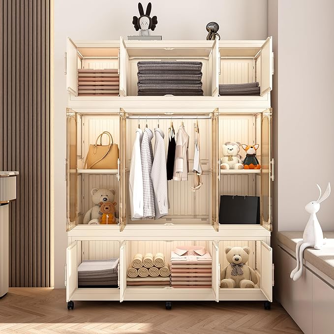 Collapsible Expandable Wardrobe Closet, Multi-Function Plastic Wardrobe,Wardrobes Storage Cabinet (12 Cubes+1 Hanging Rod)