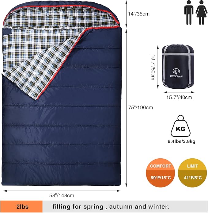 REDCAMP Cotton Double Sleeping Bag for Adults, 2 Person Cold Weather Queen Size Flannel Sleeping Bags for Camping, Black/Navy Blue
