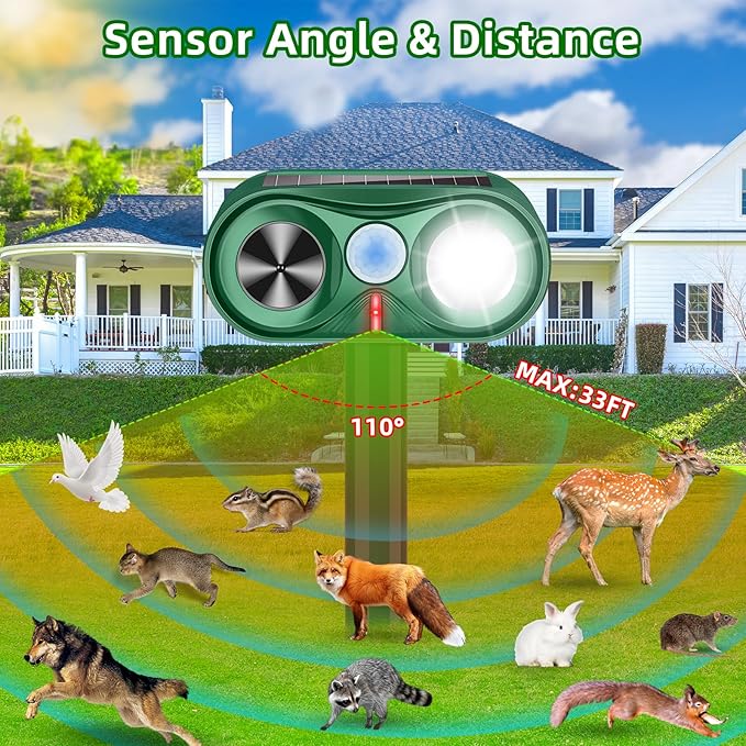 2025 2Pack Solar Ultrasonic Animal Repellent Outdoor Deer Repellent Devices with Motion Detection Waterproof Cat Repellent Outdoor Dog Raccoon Squirrel Rabbit Skunk Deterrents for Yard Garden Farm