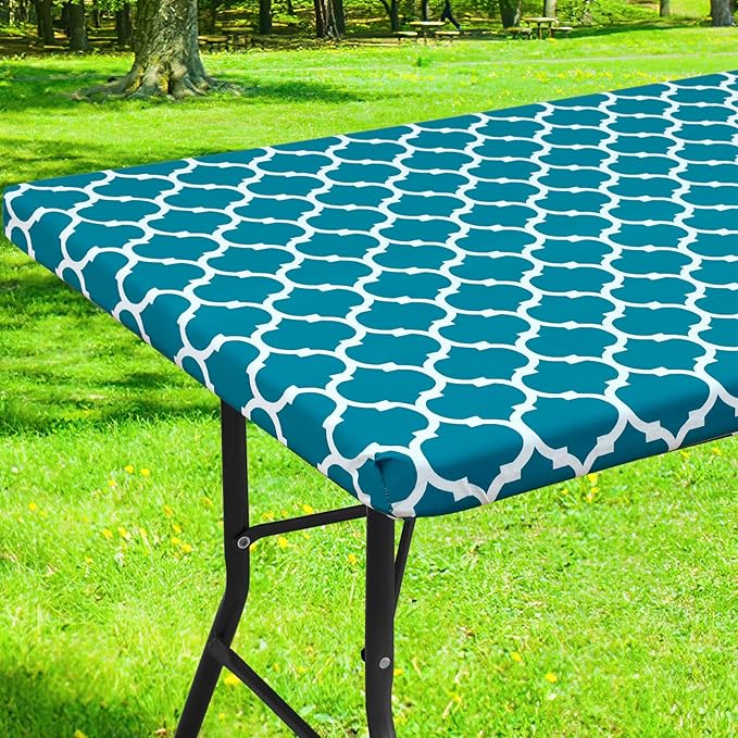 Smiry Rectangle Picnic Table Cover, Waterproof Elastic Fitted Camping Tablecloths for 4 Foot Tables, Wipeable Flannel Backed Vinyl Tablecloth Protector for Indoor, Outdoor (Turquoise, 24x48 Inches)
