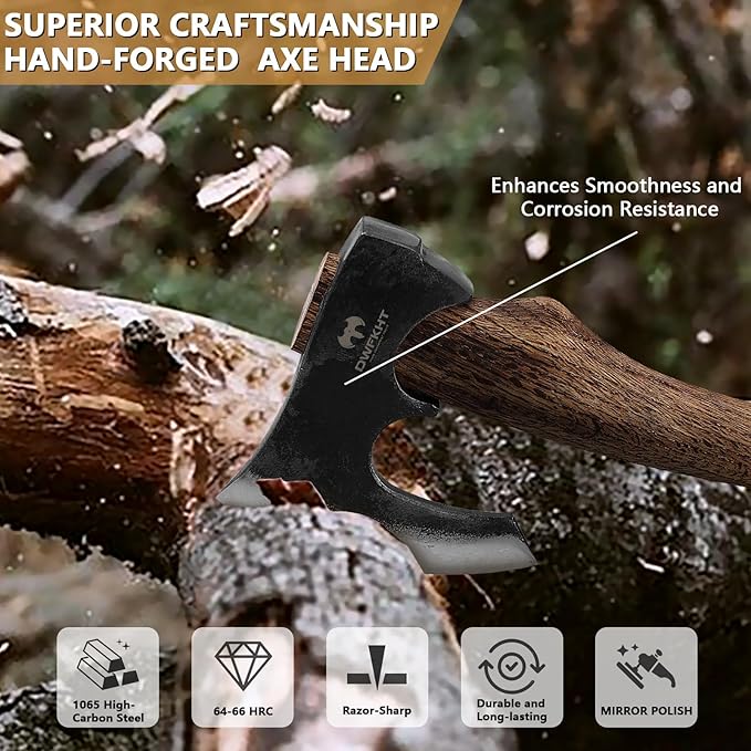 Hatchet Axe, 15.7" Camping Hatchet with Leather Sheath, Bushcraft Axe with 1065 Carbon Steel & Beech Handle, Survival Axe for Wood Splitting and Chopping - Perfect for Gardening and Outdoor
