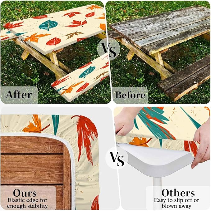 CAPSCEOLL Elastic Picnic Table Cover with Bench Covers 5Ft Waterproof Fitted Picnic Table Cover Cloths for Outdoors Camping Tablecloth with Drawstring Bag, 60X30in, Maple Leaf