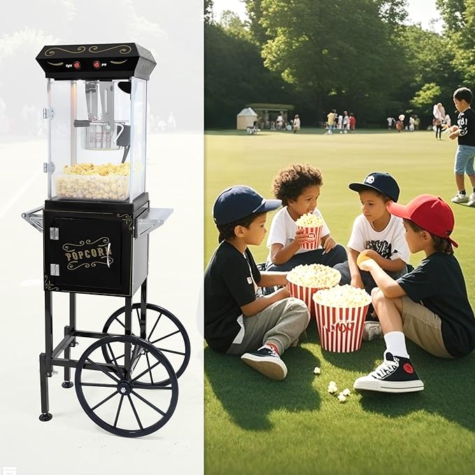 Popcorn Maker Machine - Professional Cart With 6 Oz Kettle Makes Up to 25 Cups, Stainless Steel Vintage Commercial Popcorn Machine Movie Theater Style (Black)