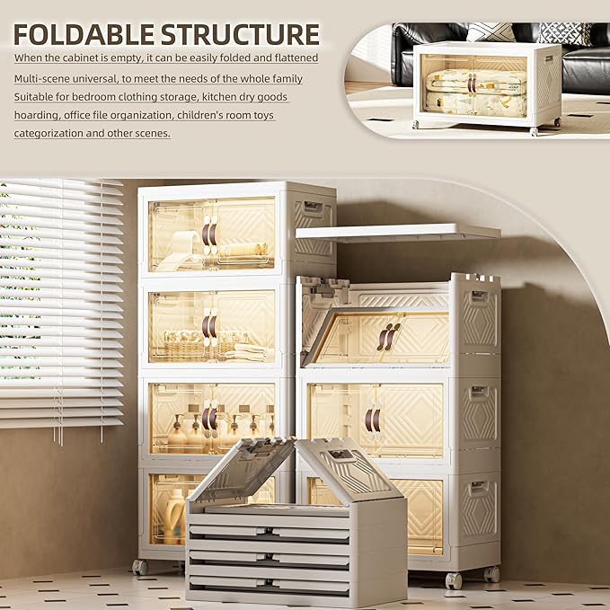 144 QT / 36 Gal Stackable Storage Bins (1 Lid) w/Wheels & Magnetic Doors, Collapsible Plastic Organizer Cabinet for Closet Office Garage - White Storage Containers