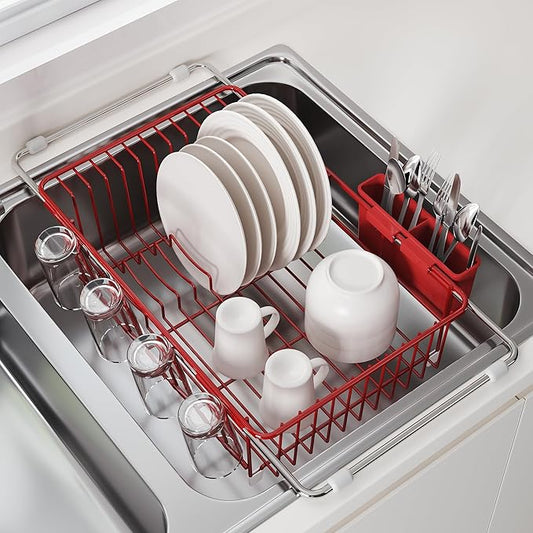 Dish Drying Rack in Sink, Red Dish Dryer Racks Over Sink, Dishes Drainers for Kitchen Sink, Stainless Steel Plates Drying Rack with Utensil Holder & Cups Holder