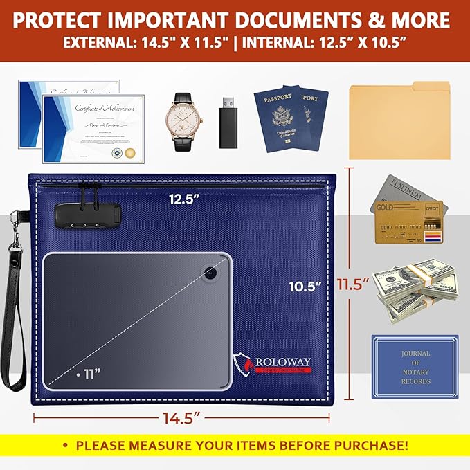ROLOWAY Fireproof Document Bag (14.5 x 11.5 inch), 6400℉ Fireproof Money Bag with Zipper for Cash, Fire Safe Money Pouch with Lock (Blue)