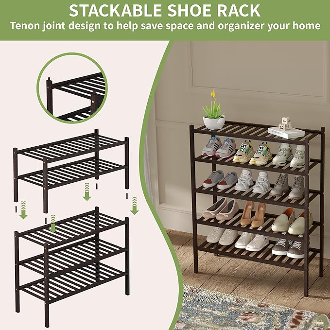 3 Tier Bamboo Shoe Rack for Closet Free Standing Wood Shoe Shelf for Entryway Small Space Stackable 27"x11"x20" (Brown)
