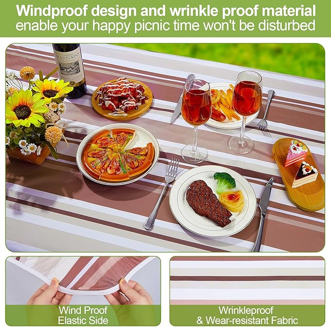 Picnic Table Cover with Bench Covers Camping Essentials Waterproof Windproof Camping Tablecloth with Drawstring Bag, Fitted Rectangle Tables and Seats, 96in, Brown Stripe