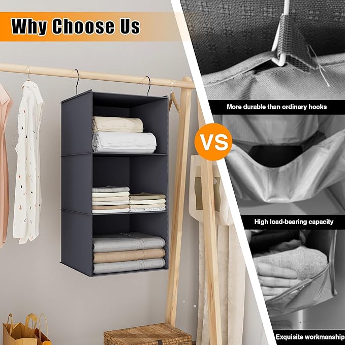 Hanging Closet Organizer and Storage 3-Shelf, Easy Mount Foldable Hanging Closet Wardrobe Storage Shelves, Clothes Handbag Shoes Accessories Storage, Washable Oxford Cloth Fabric, Dark Gray