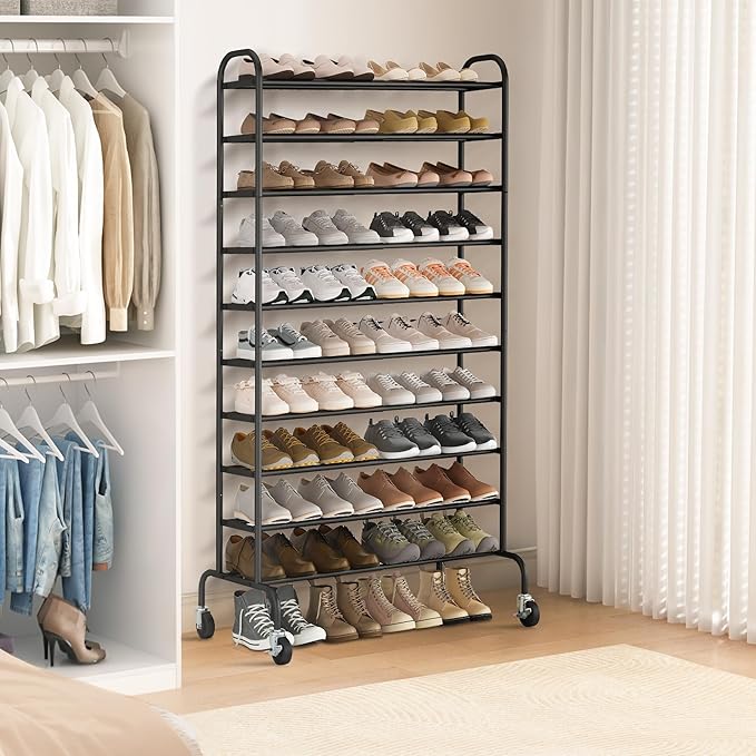 STORAGE MANIAC Expandable Shoe Rack, 44 Pairs Stackable Small Shoe Rack, Metal Adjustable Shoes Organizer for Closet, Entryway, Hallway, Garage, Front Door, Shoes Shelves, Black 10 Tier