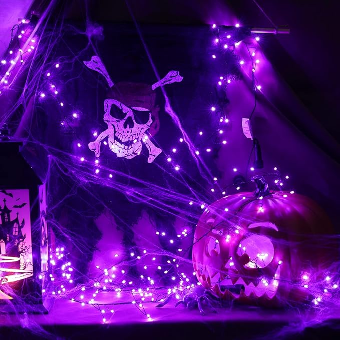 Halloween Fairy Lights Plug in, 10Feet 200 LEDs Firecracker String Lights with Remote, Waterproof Cluster String Lights for Ceiling Bedroom Wreath Window Bar Haunted Theme Halloween Decoration, Purple
