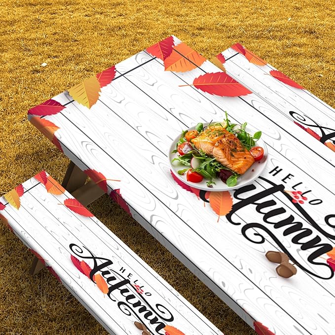 Picnic Table Cover with Bench Covers Elastic Edges, Wooden Fall Fitted Table Cover, Outdoor Patio Camping Essentials 72 Inch 3PCS, Waterproof Camping Fitted Tablecloth with Drawstring Bag