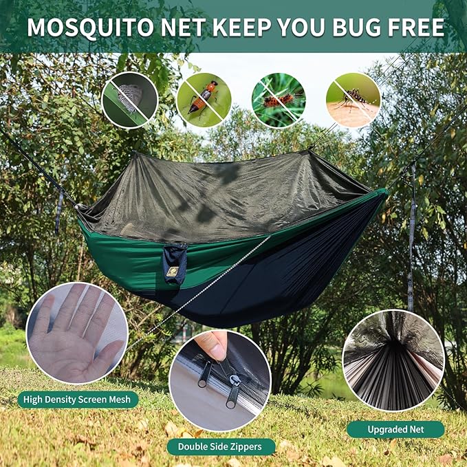 Camping Hammock with Net,Travel Portable Lightweight Hammocks with Tree Straps and Solid D-Shape Carabiners,Parachute Nylon Hammock for Outsides Backpacking Beach Backyard Patio Hiking