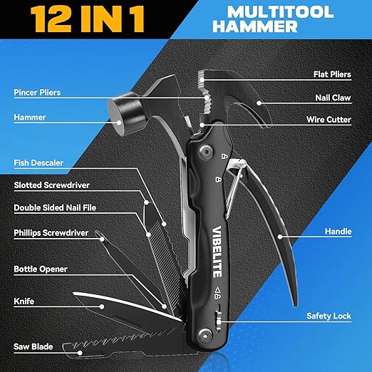 Gifts for Men, 12 in 1 Multitool Hammer for Camping Hunting Hiking, Gifts for Dad, Husband, Him, Birthday Gadgets Idea for Men Him Husband Boyfriend