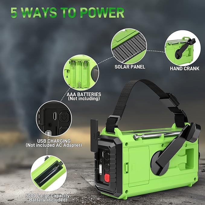 Emergency Weather Radio – 18500mWh Portable AM/FM/SW/NOAA Radio with Solar Hand Crank, Rechargeable Battery, USB Charger, LED Flashlight, Reading Light, and SOS Alarm, for Home Outdoor (Green)
