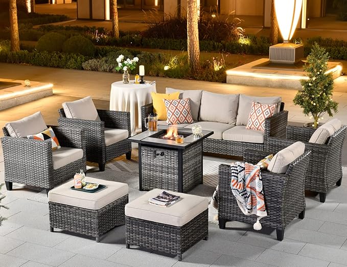 ovios 8 Pieces Patio Furniture Set with 30" Fire Pit Table, Outdoor Wicker Sofa with Comfy Cushions, All Weather High Back Rattan Couch Conversation Set, Beige