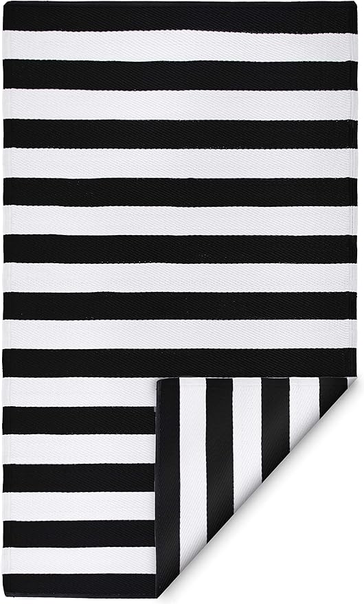 FH Home Outdoor Rug - Waterproof, Fade Resistant, Reversible - Premium Recycled Plastic - Striped - Large Patio, Deck, Sunroom, Camping, RV - Brittany Stripe - Black & White Crease Free - 6 x 9 ft