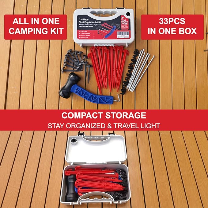 Tent Stakes Kit with Mallet – 33-Piece Camping Peg Set with Rubber Mallet, Plastic & Steel Stakes, Groundsheet Stakes & Peg Puller – Compact Carry Case for Camping, Tents & Canopies