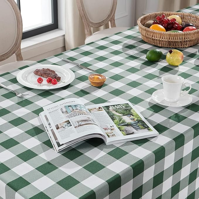 Softalker Gingham Checkered Rectangle Tablecloth - Waterproof Buffalo Plaid Table Cloth Stain Resistant Polyester Table Cover for Picnic/Camping/Outdoor - Green and White, 2 Pack - 60 x 102 Inch