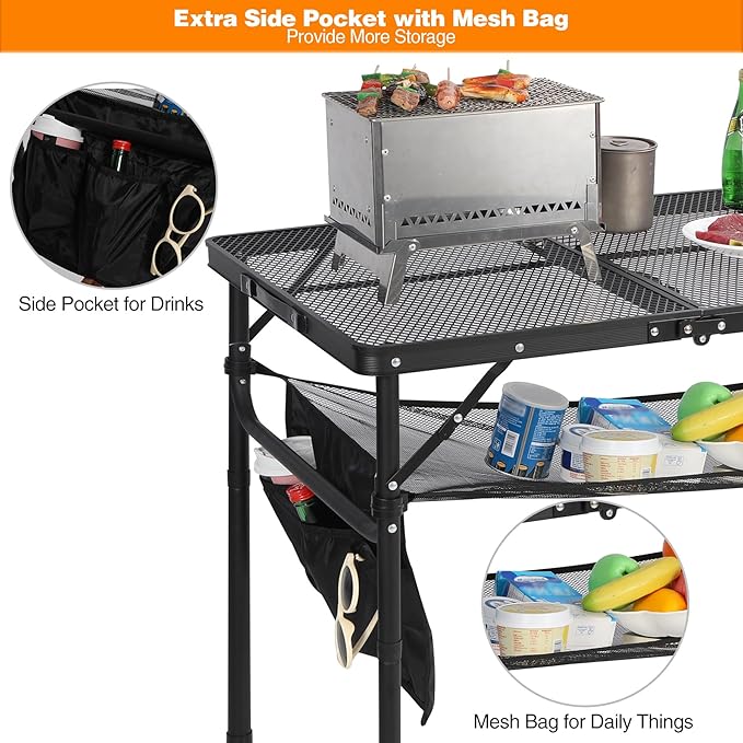 RedSwing Folding Grill Table, Lightweight Portable Grill Stand Table for Outdoor Camping Picnic BBQ, Adjustable Height, 48''x24''x16/28'', Black