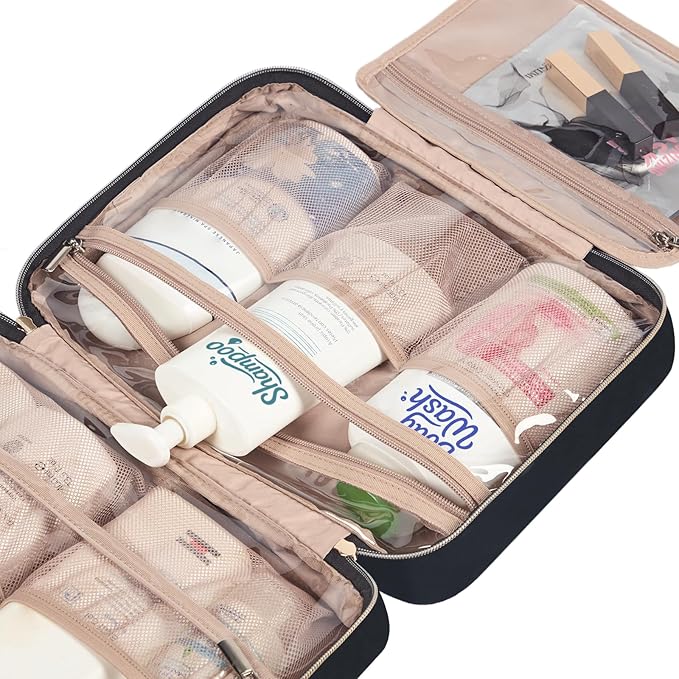 NISHEL Travel Toiletry Bag for women, Portable Hanging Organizer for Family-Sized Shampoo, Conditioner, Brushes Set, Makeup Accessories, Extra Large Size, Black