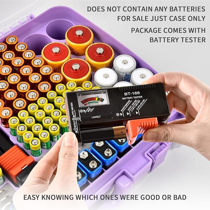 Battery Organizer Storage Holder Box Case with Tester- 269 Batteries Double-Sided Variety Pack, Holds AA AAA 4A C D Cell 9V 3V Lithium LR44 CR2 CR123 CR1632 18650 Button- Purple (Box Only)