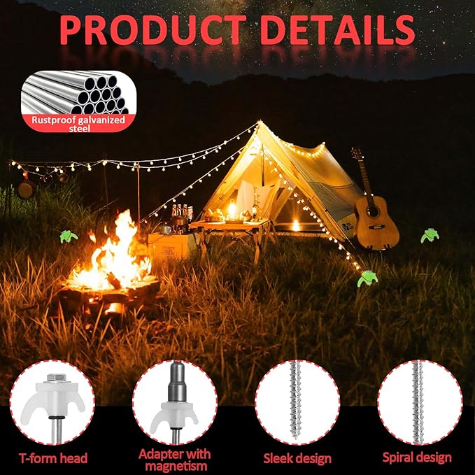 8" Screw in Tent Stakes - 12 Pack Heavy Duty Glow in The Dark Ground Anchors for Camping, Canopy, Awning and Outdoor Use Tent Pegs - Durable Metal Tent Spikes with Hex Head Driver & Storage Box