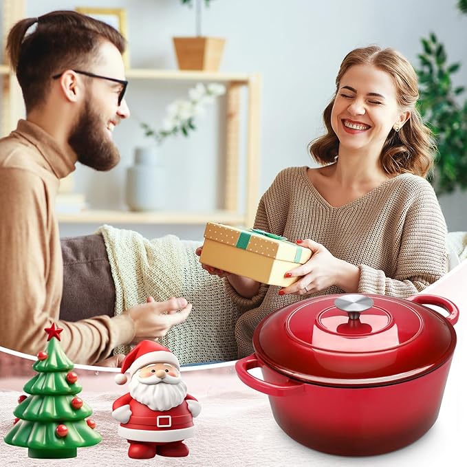 LIFERUN 6 Qt Enameled Cast Iron Dutch Oven Pot with Lid，Oven Safe up to 500° F, Non-Stick Dutch Oven with Dual Handles for Bread Baking, Fry Foods, Braising, Stews, Roasting (Red)