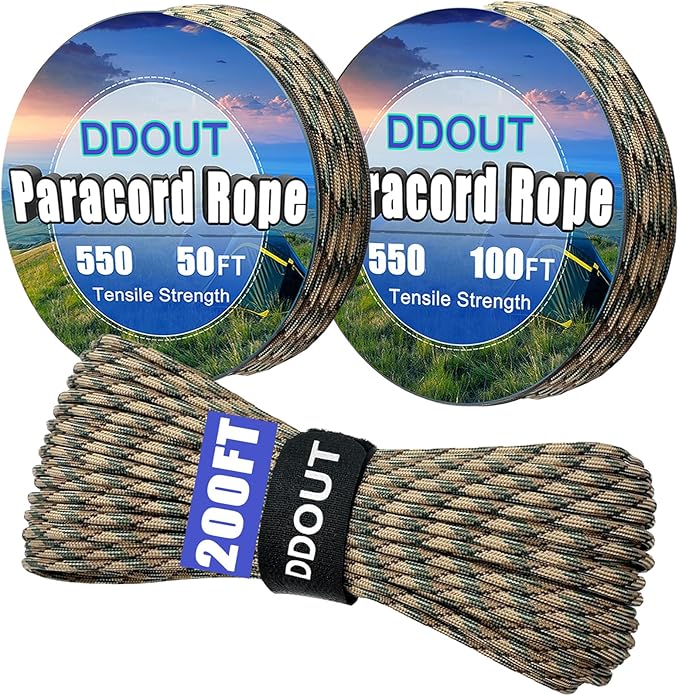 Paracord Nylon Rope Camo 50ft with 7-Strand Core, 10 Colors and 50/100/200 ft, Type III Parachute Cord 4mm for Camping, Survival, Hiking, DIY, Crafting, Outdoor Utility Rope