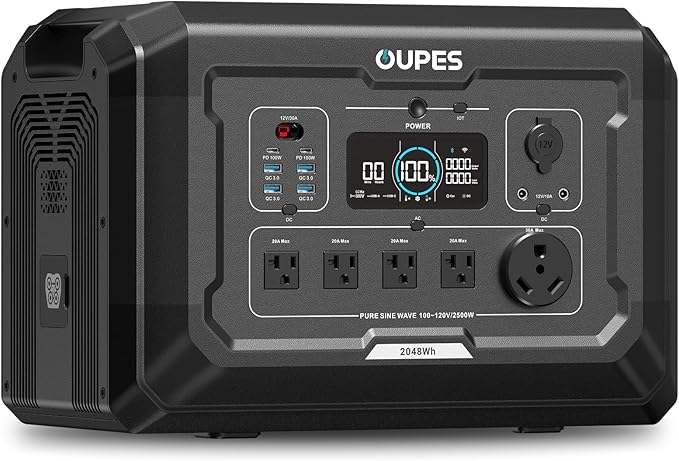 OUPES Mega 2 Portable Power Station 2500W (5400W Peak), 2048Wh LiFePO4 Battery Generator with 2100W Solar Charging & 1600W AC Charging for Home Backup, Power Outages, RVs, Off-grid Power
