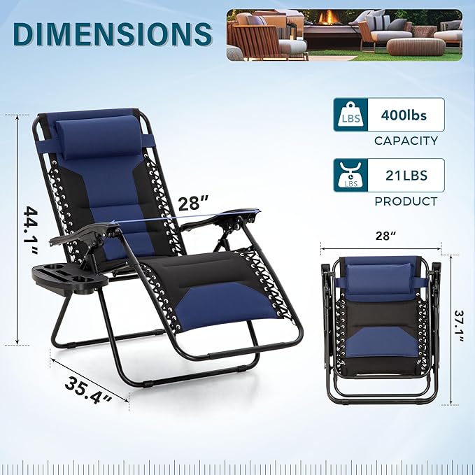 MFSTUDIO Padded Zero Gravity Chair Set of 2, Folding Patio Lounge Recliner with Adjustable Pillows & Cup Holder for Poolside Backyard, Support 400lbs(Navy Blue)