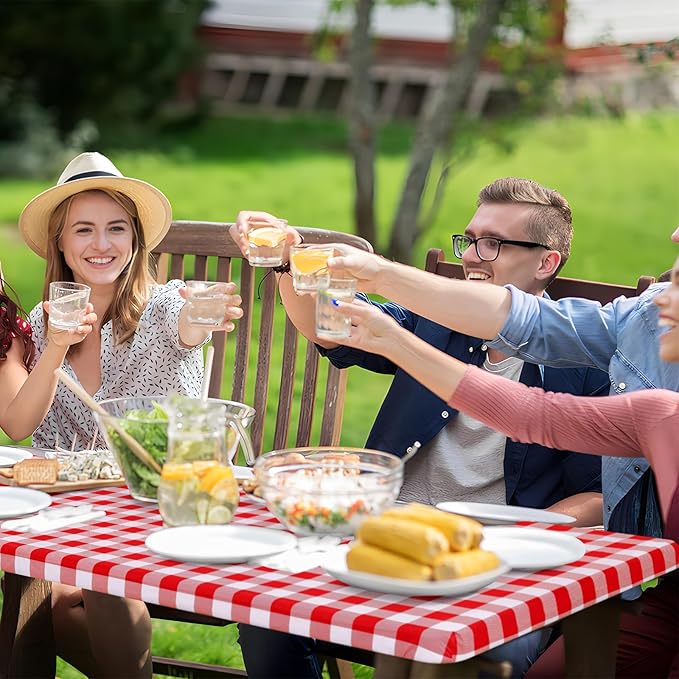 misaya Buffalo Rectangle Picnic Tablecloth, 6 Foot Elastic Fitted Vinyl Table Cloth with Flannel Backing, Waterproof Plaid Table Covers for Dining, Camping, Outdoor (Red and White, 30" x 72")