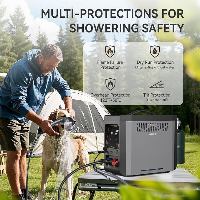 Portable Propane Water Heater for Camping Shower, Built-in 4000mAh Rechargeable Battery with Thermostatic Control and Overheating Protection, Tankless Water Heater for Outdoor Shower with Pump