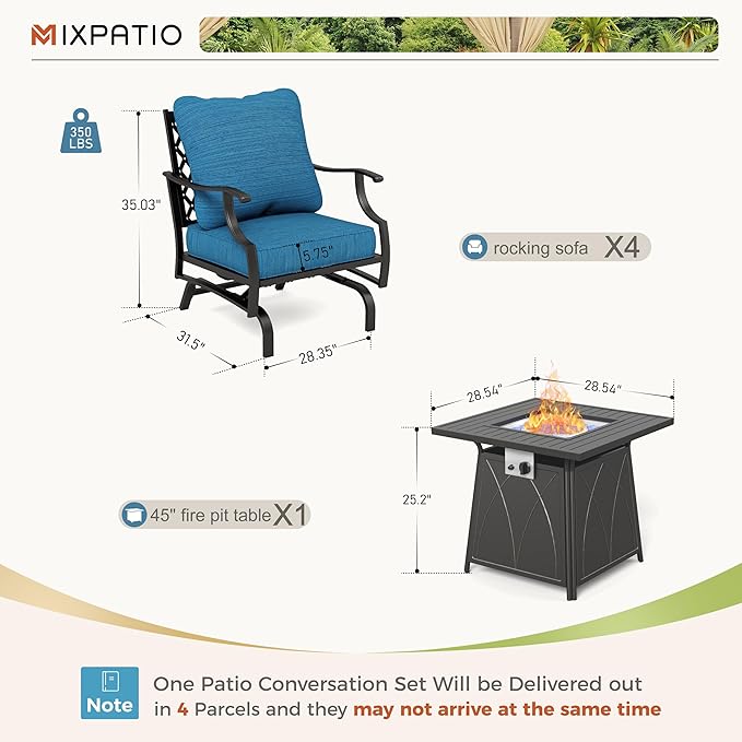 Patio Furniture Set with Fire Pit Table, 5 Pcs Metal Outdoor Conversation Set, 4 Rocking Chairs with 5.75" Extra Thick Cushion and 28" Fire Pit Table for Backyard Deck, Green Blue