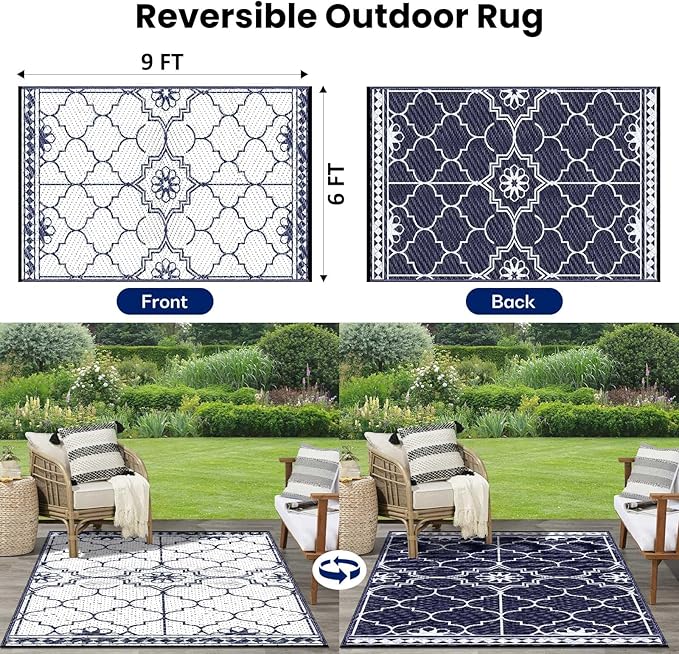 Outdoor Rug 6x9Ft, Waterproof Outdoor Patio Rug for House Deck Reversible Plastic Straw Mat for RV Camping Picnic Beach Balcony (Blue White)