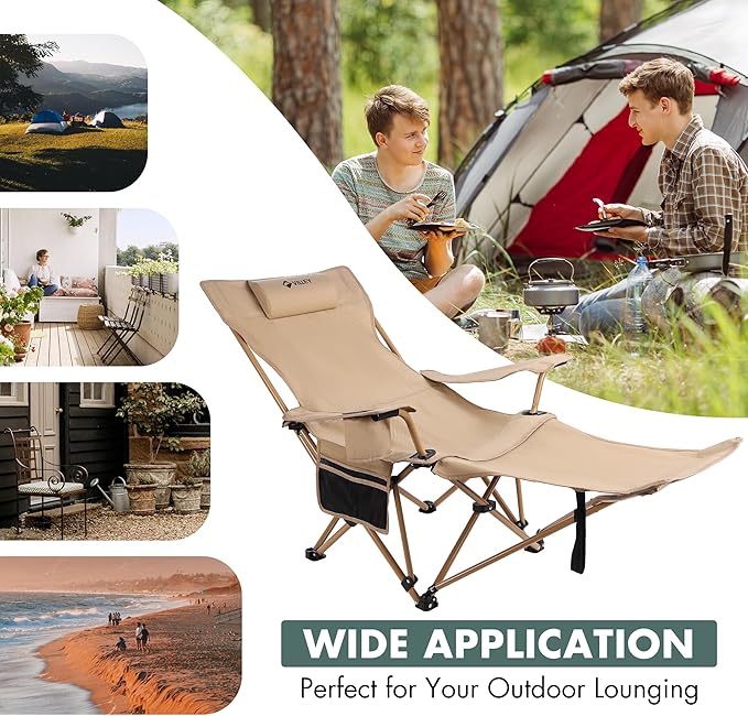 VILLEY Reclining Camping Lounge Chair Adjustable Foldable Chair for Adults with Removable Footrest, Headrest & Storage Bag Supports Up to 330 LBS Beige
