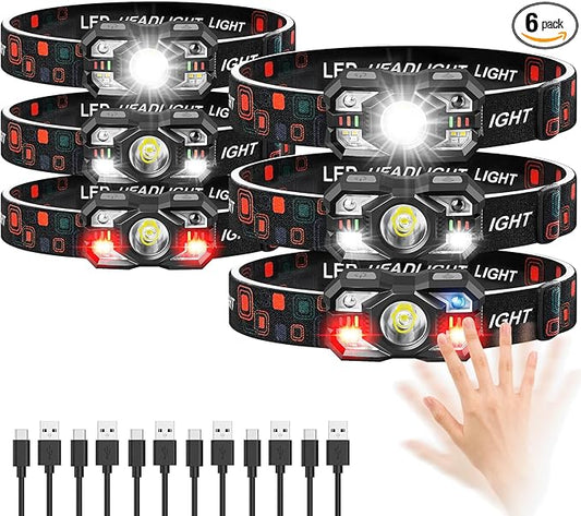 Headlamp Rechargeable 6Pack, 3000 Lumen Ultra-Light Bright Headlamp Flashlight with White Red Light, LED Headlight Motion Sensor, 5+5 Mode for Outdoor Camping Fishing Running Hiking (6)
