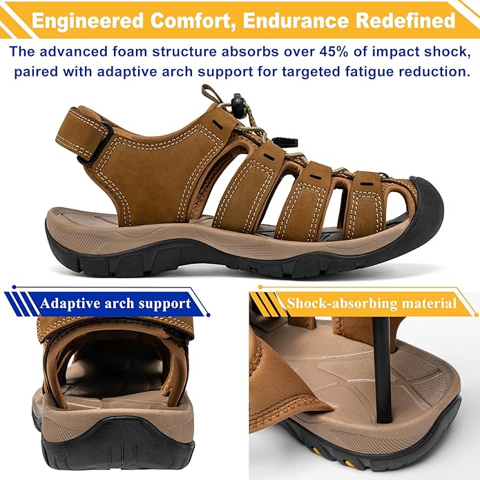 Men's Sport Sandals Closed Toe Leather Hiking Athletic Walking Outdoor Beach Trail River Fishing Water Shoes Lightweight Comfortable Waterproof