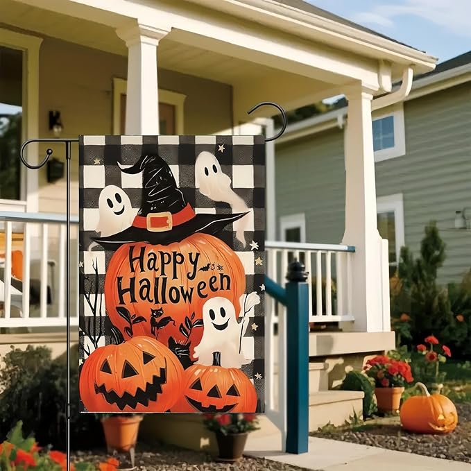 Happy Halloween Garden Flag 12X18 Inch Double Side,Ghost Outside Yard flag, Pumpkin Jack O Lantern Small Garden Flag Decorative,Outdoor Flag for Holiday Patio Courtyard Lawn