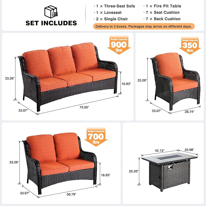 ovios 5 Pieces Patio Furniture Set with 42" Fire Pit Table, Outdoor Wicker Sofa with Loveseat, Comfy Cushions, High Back Couch Conversation Set, Brown Rattan, Orange Red