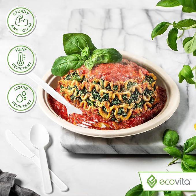 100% Compostable Forks - 140 Large Disposable Utensils (7 in.) Eco Friendly Durable and Heat Resistant Alternative to Plastic Forks with Convenient Tray by Ecovita