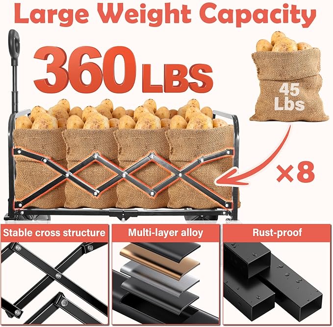 Wagons Carts Foldable, 360 Lbs with Adjustable Handle, Black Lightweight Portable, Collapsible Wagon for Beach Trip, Camping, Shopping, Sports, Travel, Picnic and Grocery with 2 Drink Holders