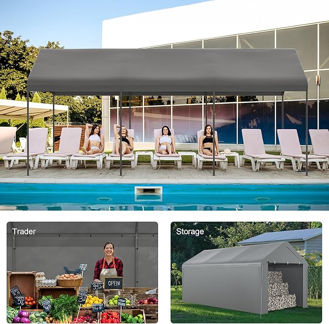 Carport, 10‘ x 20’ Heavy Duty Portable Garage All-Season Car Canopy w/Removable Sidewall & Doors, Carport Canopy Party Tent w/Water-Resistant Tarp for Backyard (Grey, 10‘ x 20’)