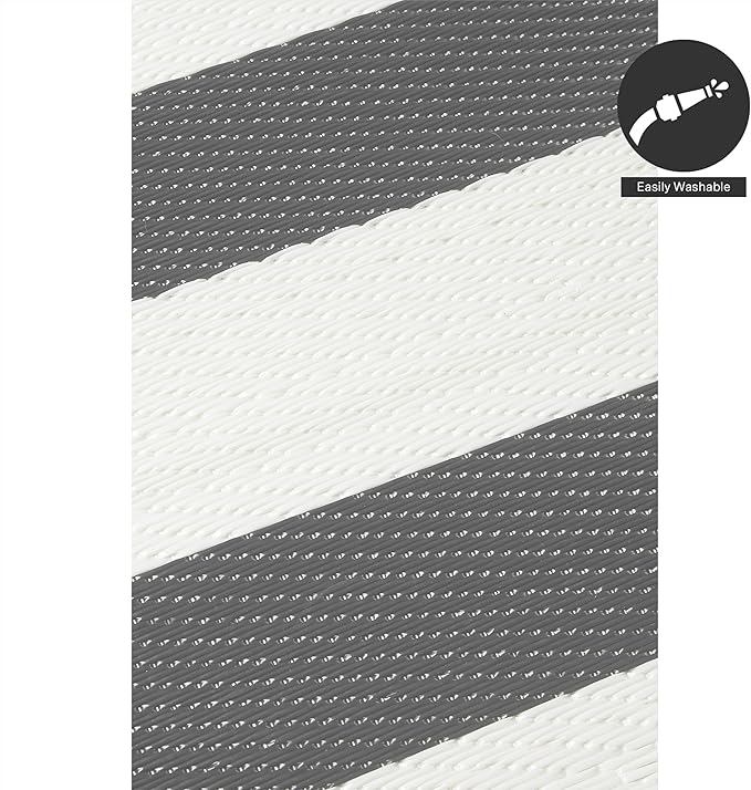 FH Home Outdoor Rug - Waterproof, Fade Resistant, Crease-Free - Premium Recycled Plastic - Geometric - Patio, Porch, Deck, Balcony - Brittany Stripe - Gray & White - 5 x 8 ft