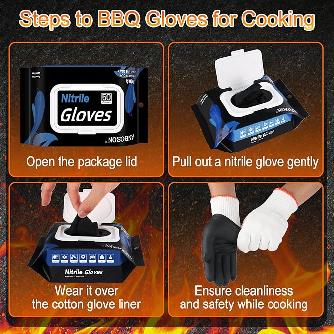 BBQ Gloves 50 Disposable nitrile Gloves with 2 Reusable Cotton Liners Guantes for Cooking Food Prep,Powder Latex Free,Heat Resistant for Grilling, Barbecue, Smoker Guante Heat Froof for Men - XLarge