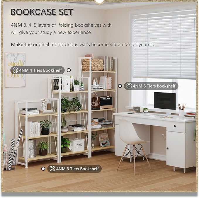 4NM No-Assembly Folding Bookshelf Storage Shelves 3 Tiers Vintage Bookcase Standing Racks Study Organizer Home Office (Natural White)
