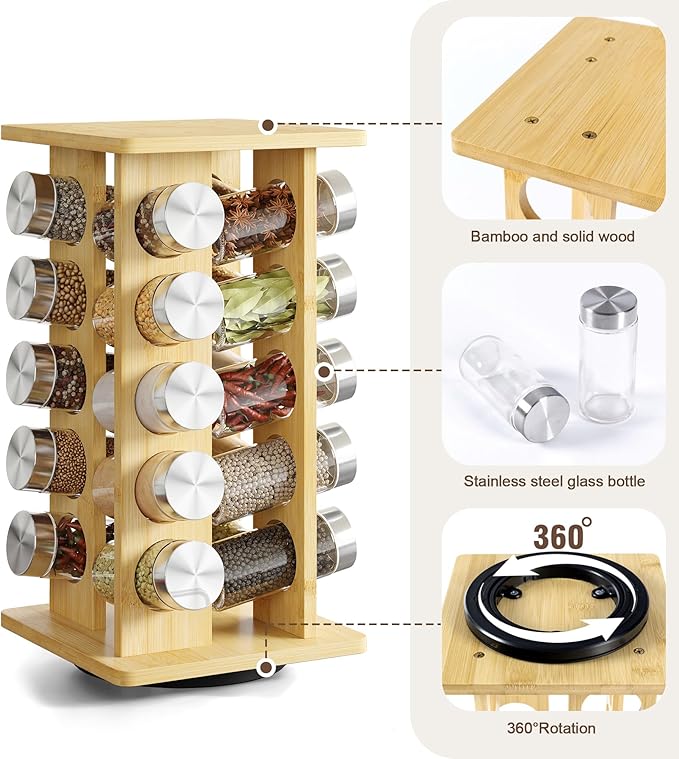 WelFurGeer Bamboo Spice Rack Organizer for Countertop, Revolving Spice Shelf with 20 Glass Jars, Lids & Labels, Desktop Rotating Seasoning Organizer for Kitchens, Space-Saving Design