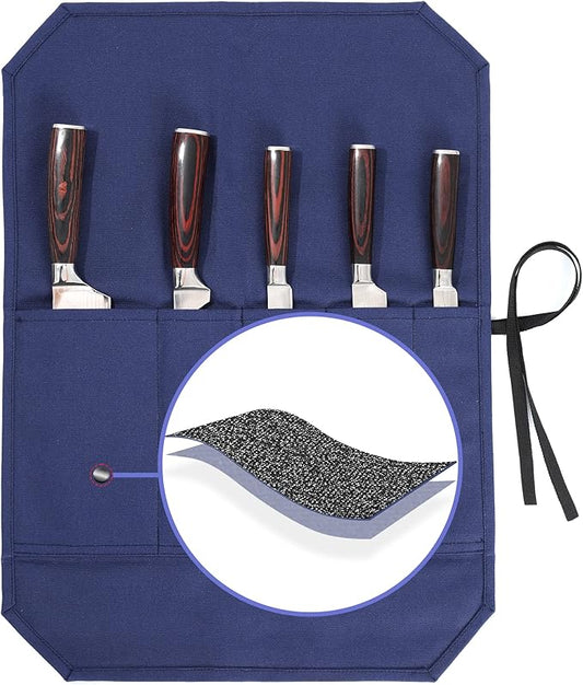 Chef Knife Roll, Heavy Duty 16OZ Waxed Canvas Knife Roll, 5 Slots Knife Bag with Professional Cut Resistant Fabric, Blue (21"L x 15.5"W)