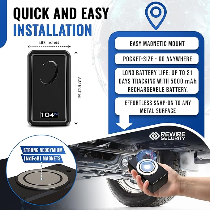 REWIRE SECURITY 104N 4G Magnetic GPS Tracker for Vehicle | Easy Mount | Fits with Car, Truck, Van & Motorbike | Portable Live Tracking | Up to 21-Day Battery Life | Low Cost Subscription Plans