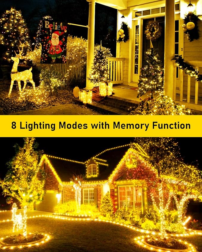 KNONEW 100FT Outdoor Christmas Fairy Lights Plug in,300 LED String Lights Outdoor Waterproof 8 Modes for Wedding Bedroom Walls Garden Trees Decoration(Warm White)